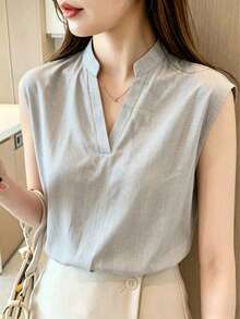 Blusa de mujer de verano con cuello en V y mangas de murciélago, top de manga corta de unicolor - Ligero y suelto casual, esencial para el uso diario para crear un ambiente de verano, top de manga corta de murciélago - Gris - Ver 11