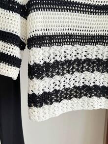 1件女士轻薄夏季服装，时尚百搭条纹叠层镂空休闲宽松拼接短袖针织上衣 - 彩色 - 查看 7