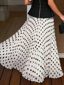 Vestido maxi plisado con estampado de lunares francés para mujer, adecuado para vacaciones de primavera/verano en la playa - Blanco - Ver 2