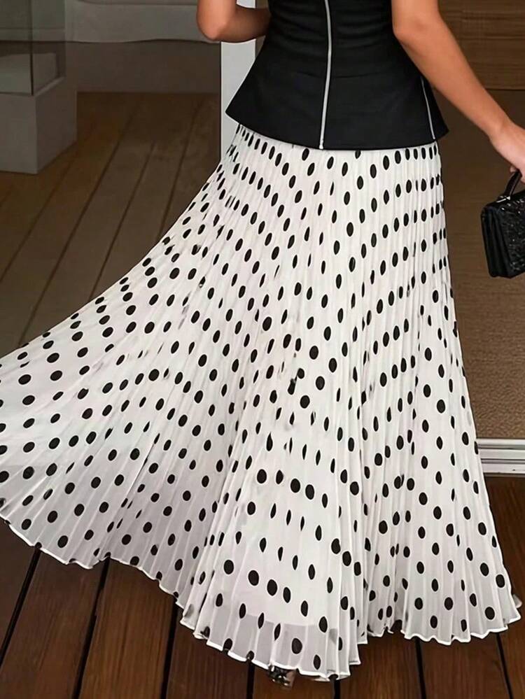 Vestido maxi plisado con estampado de lunares francés para mujer, adecuado para vacaciones de primavera/verano en la playa - Blanco - Añade 2