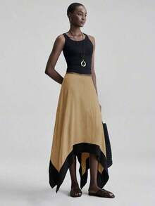 Ontre 2026 Falda asimétrica de mujer para primavera/verano, tela de lino suave a la piel, con ribete de color contrastante, atuendo elegante y moderno para invitada de boda, con sensación de lujo romántico minimalista francés, estilo urbano chic de oficina casual, estilo vintage de alta gama discreto, atuendo de alta calidad para aeropuerto/crucero, esencial para festival de Oriente Medio, tela premium versátil para todas las estaciones, falda de mujer para boda, uso en vacaciones/playa/oficina - Caqui - Ver 2