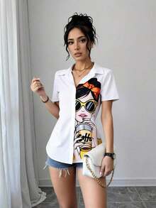 Blusa de mujer con estampado de chica de moda, manga corta y abotonadura, top de manga corta - Blanco - Ver 4