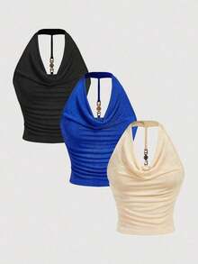 3 piezas Camiseta de mujer de unicolor con cuello drapeado de moda - Multicolor 5 - Ver 1