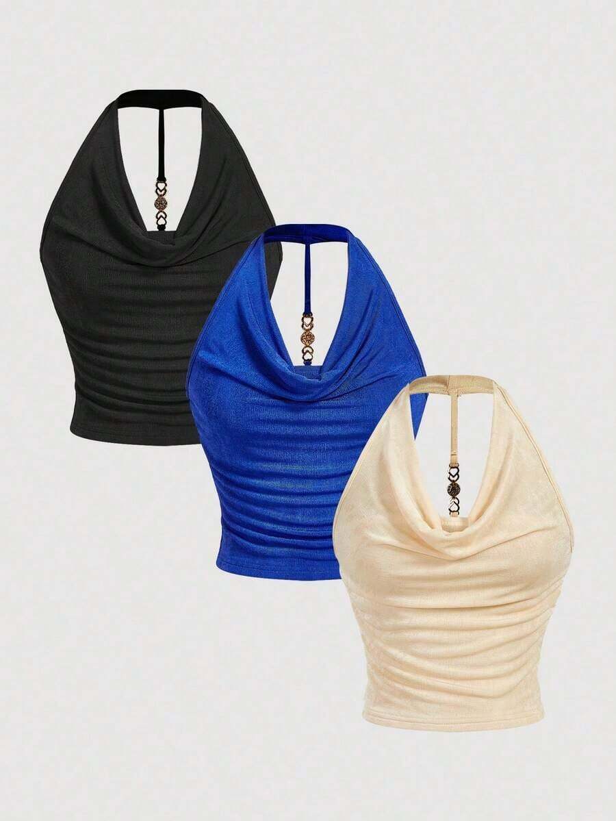 3 piezas Camiseta de mujer de unicolor con cuello drapeado de moda - Multicolor 5 - Ver 1