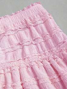 Falda mini casual y de resort Y2K con dobladillo de doble capa y ribete de volantes de unicolor - Rosado Sandía - Ver 3