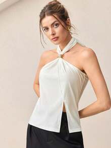 Top con cuello de halter, diseño de botón de metal verde, abertura lateral, elegante y chic para uso urbano y diario, estilo romántico retro de los 90.Adecuado para Navidad, Año Nuevo, San Valentín, fiestas, playa, graduación, moda, carnaval, bod - Blanco - Ver 4