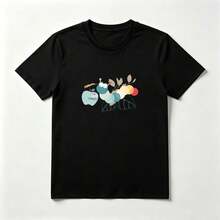 Top Mujer Algodón Estampado Oruga Comiendo Manzana - Camiseta Casual Tierna - Negro - Ver 1