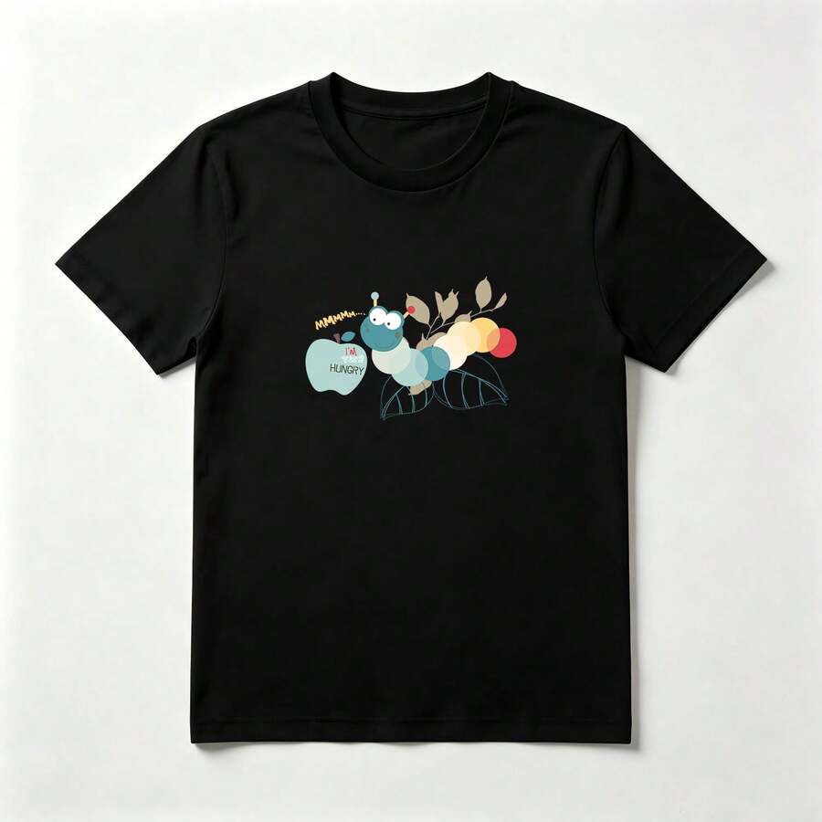 Top Mujer Algodón Estampado Oruga Comiendo Manzana - Camiseta Casual Tierna - Negro - Ver 1