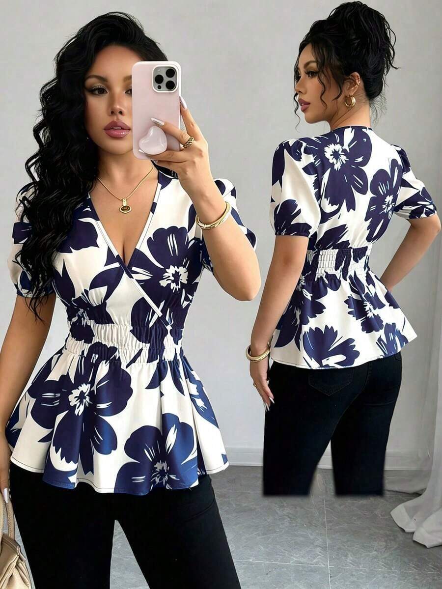 Blusa elegante y de moda con estampado floral y cuello en V con cintura ceñida para mujer - Azul marino - Ver 1