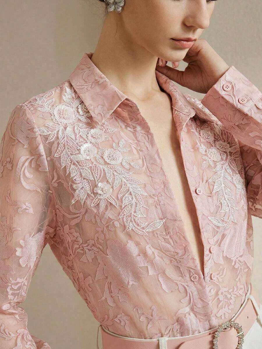 Blusa de manga larga para mujer con bordado floral delicado y decoración con cuentas, aplicación simétrica, nueva para primavera/verano - Rosa - Ver 1