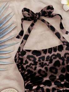 Top sin mangas ajustado de Body entero con estampado completo de leopardo, adecuado para el verano - Café integral - Ver 4