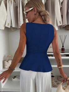 1 pieza Blusa informal de tejido de punto con volante y unicolor, apropiada para el verano - Azul marino - Ver 3