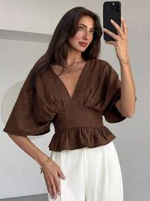 Blusa de manga de murciélago de unicolor elegante para mujer, de verano - Marrón - Ver 7