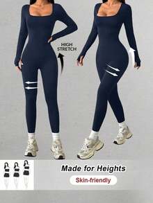 PETITE Mono Negro de Punto con Cuello Cuadrado, Ajustado, Casual, Deportivo, para Yoga, Otoño - Verde militar - Ver 11