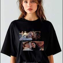Camiseta de algodón holgada con estampado de parejas de cine y televisión, estilo nuevo de verano, versátil, casual, de cuello redondo, cómoda y transpirable, de manga corta. - Blanco - Ver 2