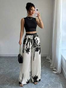 Nuevo conjunto casual de top y pantalones de color contrastante, pantalones anchos de cintura alta elegantes y sueltos, ropa de mujer de ajuste ceñido para primavera, verano y otoño de vacaciones - Multicolor - Ver 2