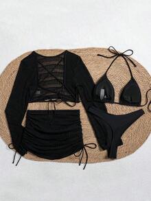 Swim Conjunto de bikini de unicolor con parte superior y falda de cobertura, con escote halter y lazos, para mujer en verano - Negro - Ver 4