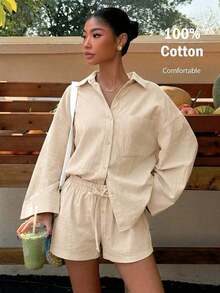 Conjunto de camisa tejida blanca y pantalones cortos de verano, nuevo y casual para vacaciones de mujer - Caqui - Ver 1
