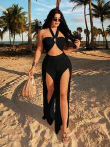 Mono holgado de mujer con cuello halter, estampado floral blanco y abertura alta, para el verano/vacaciones - Negro - Ver 3