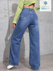 Unity Jeans de mezclilla de pierna ancha recta de diseño simple con cintura alta para mujeres a la moda - Azul lavado oscuro 4 - Ver 2