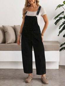 Women's Black Denim Overalls With Straps, Cargo Pockets, Long Length, Elegant & Vintage Style Jumpsuit For Fall - Black - View 3