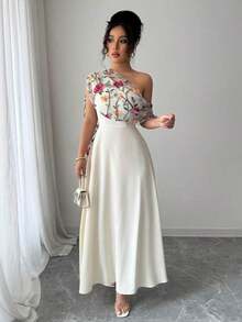 Elenzya Vestido largo con escote asimétrico de estilo francés elegante, borde acampanado, bordado de malla, para uso versátil diario, primavera/verano - Albaricoque - Ver 1