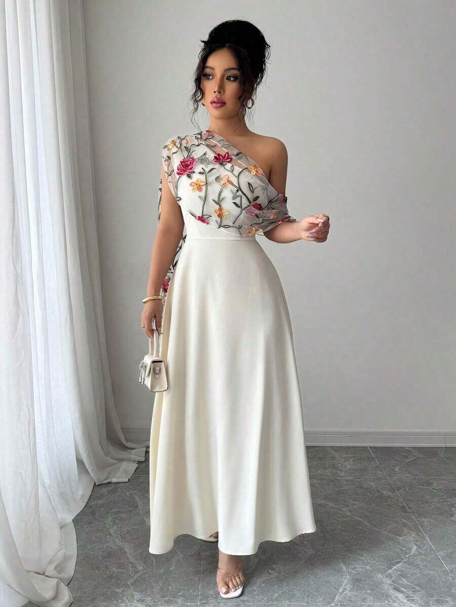 Elenzya Vestido largo con escote asimétrico de estilo francés elegante, borde acampanado, bordado de malla, para uso versátil diario, primavera/verano - Albaricoque - Ver 1