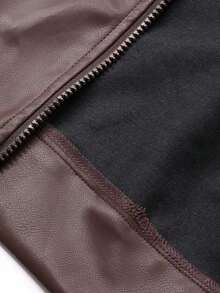 de cuero casual suelta con cremallera en la solapa, chaqueta exterior de manga larga - Marrón - Ver 7