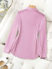 Blusa minimalista de unicolor transparente con cuello vuelto, blusas de manga larga - Rosa - Ver 2