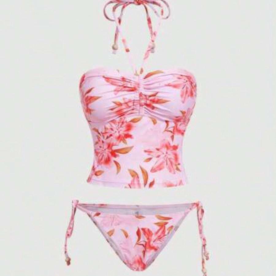 MOD 2pcs/Set Halter Neck Ruffled Floral Print Top With Side Tie Triangle Bottom Swimsuit,Tank Tops, Cute, Kawaii - Rosa coral - Ver 1