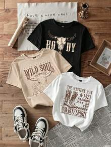 Conjunto de 3 piezas/set de camisetas de manga suitable for streetwear, Top oversized cuello redondo daily outings, camping, concerts, hip-hop, rock, and rap events Camiseta corta de cuello redondo con diseño gráfico minimalista casual y ajustada para mujeres, con estampado de botas vaqueras/occidentales - Negro - Ver 1