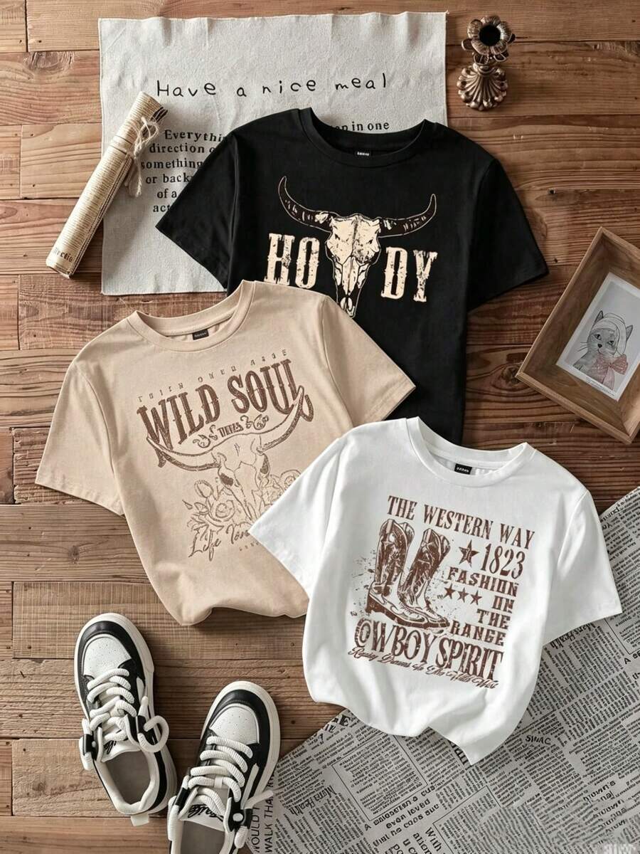 Conjunto de 3 piezas/set de camisetas de manga suitable for streetwear, Top oversized cuello redondo daily outings, camping, concerts, hip-hop, rock, and rap events Camiseta corta de cuello redondo con diseño gráfico minimalista casual y ajustada para mujeres, con estampado de botas vaqueras/occidentales - Negro - Ver 1