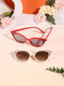 2 PCS Boy's And Girl's 4-9Y Retro Fun Cat Eye Fashion Glasses With Glitter Solid Color Polycarbonate Frame Soft Tinted Lenses Lightweight Suitable For Vacation Parties With Glasses Box - Multicolor - View 4