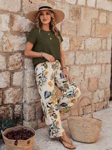 Set de 2 piezas de top de cuello redondo casual y pantalones sueltos para mujer, conjunto versátil adecuado para primavera y otoño - Multicolor 6 - Ver 3