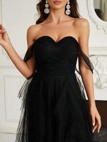 Belle Vestido de dama de honor con hombros descubiertos y malla, negro, elegante, formal, de noche, para graduación, cena o fiesta de boda - Negro - Ver 5