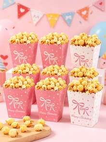 10个粉色蝴蝶结爆米花盒，一次性食品容器，粉色蝴蝶结设计，适用于零食、薯条、糖果、生日礼物、生日派对用品、公主派对、女孩生日派对装饰 - 粉紅蝴蝶 - 查看 3
