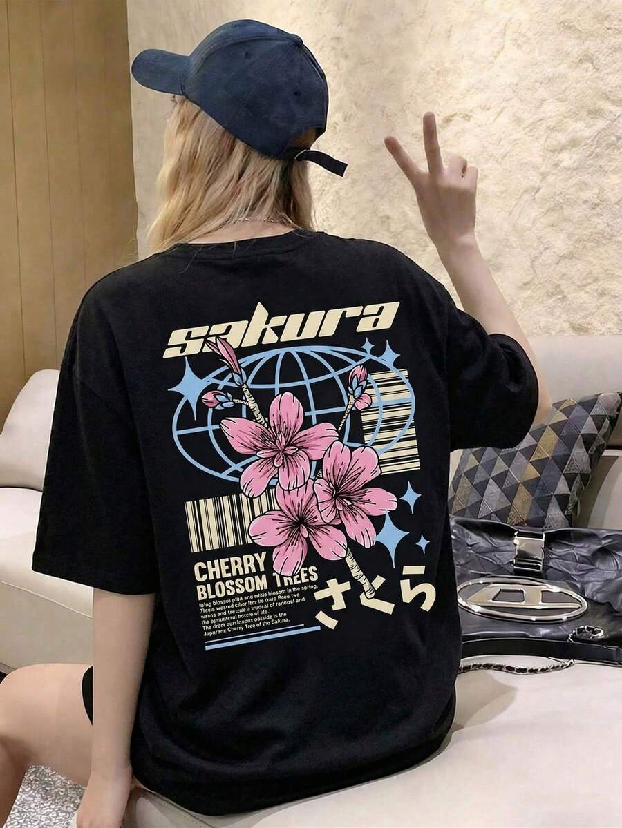 Y2K甜美可爱樱花印花短袖T恤,黑色宽松圆领街头风休闲露脐上衣,后背印花,夏季修身百搭 - 黑色 - 查看 1