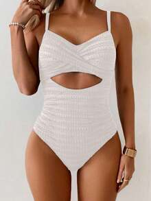 Traje de baño de una pieza sexy para mujer con rayas, encaje cruzado en la espalda - Blanco - Ver 6