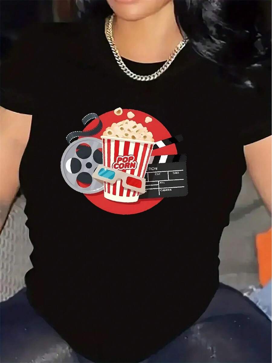 Camiseta Casual de Manga Corta para Cineafiles, Ideal para Cines en Casa o Salas de Estar.Es ligero y resistente, y presenta un diseño de palomitas de maíz y una cámara, lo que lo hace perfecto para los amantes del cine y las noches acogedoras en casa. - Negro - Ver 1