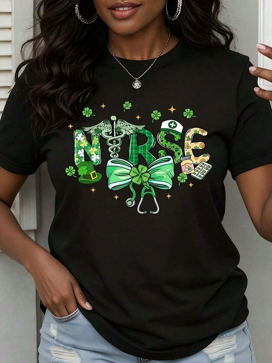 Women's St. Patrick's Day Short Sleeve T-Shirt With Nurse, Shamrock And Sedic Symbols Design For St. Patrick's Day Celebration - Urban Vintage Style, Unisex, Loose Fit, Cotton, Crew Neck And Short Sleeve. - 黑色 - 查看 1