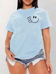 Women's Oversized Red Summer T-Shirt With  Face And Peace Sign Print. Casual Red Short-Sleeved T-Shirt With  Face, Ideal For Cool Summer Looks. - YH463-藍色 - 查看 1