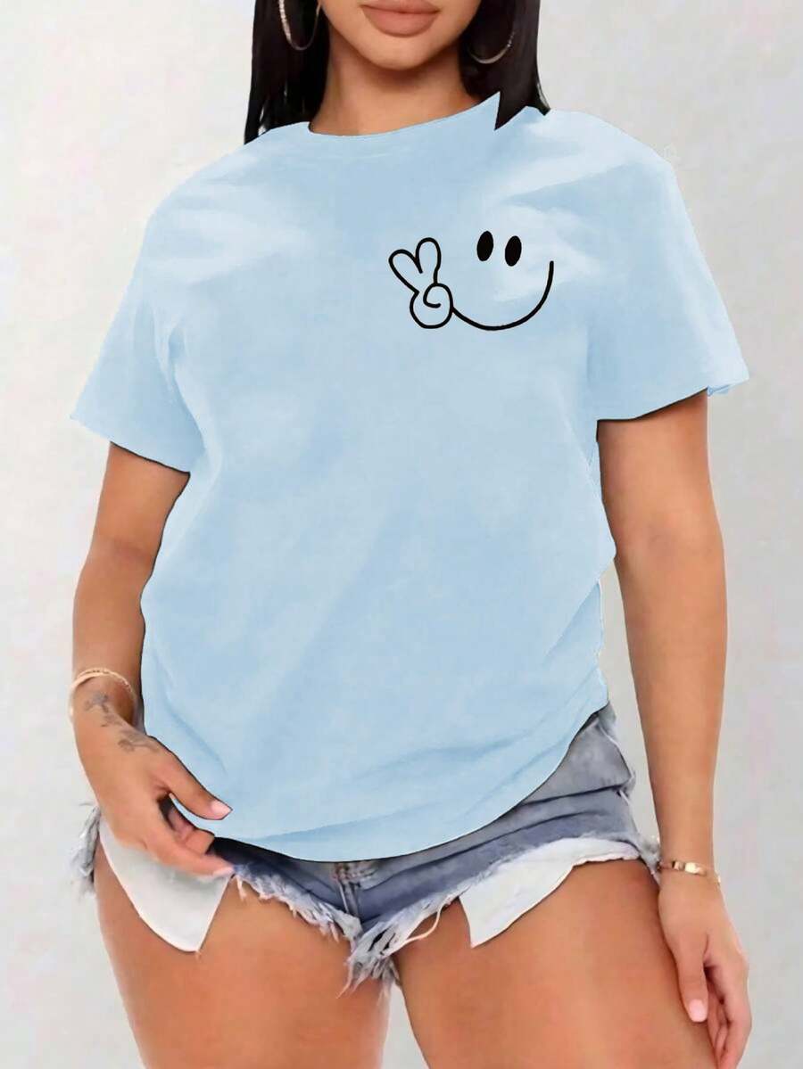 Women's Oversized Red Summer T-Shirt With Face And Peace Sign Print. Casual Red Short-Sleeved T-Shirt With Face, Ideal For Cool Summer Looks. - YH463-藍色 - 查看 1