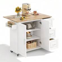 Large Mobile Kitchen Table L137*W43(76)*H92cm, Oak Top, Foldable, Multifunctional Furniture, 3 Drawers, Towel Rack, Ideal For The Kitchen, Dining Room, Home - White - View 1