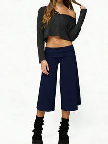 Y2K Fold-Over Waist Wide Leg Cropped Culottes, Low-Rise Casual Knit Pants For Women, Multi-Color Options - 孔雀藍 - 查看 8