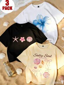 Set de Prenda individual, no un conjunto de 3 piezas, 1 piezas/set de camisetas de manga suitable for streetwear, Top oversized cuello redondo daily outings, camping, concerts, hip-hop, rock, and rap events camisetas de manga corta de cuello redondo con estampado de flores, estrellas de mar y conchas, de uso casual diario, de moda y versátiles, adecuadas para vacaciones en la playa, para mujeres - Negro - Ver 1