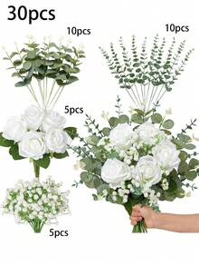 30支人造尤加利葉枝帶漿果，仿真綠植花莖，適用於婚禮、花瓶、花束、花藝裝飾、家居裝飾、花藝布置 - 白色 - 查看 12