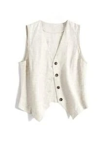 Plus Size Women's Spring/Summer Casual Linen Blazer Vest White - White - View 5
