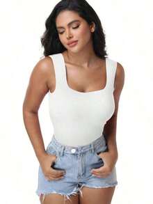 Women's Built-In Bra Tank Top Ribbed Slim Fit Wire Shelf Padded Tank Shirts Wide-Strap Square Neck Undershirt - White - View 5