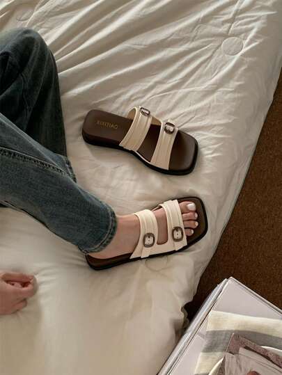 XIXITIAO Square Buckle Double Strap Slide Sandals For Women, Color Block Thick Sole Casual Summer Beach Vacation Outdoor Slippers