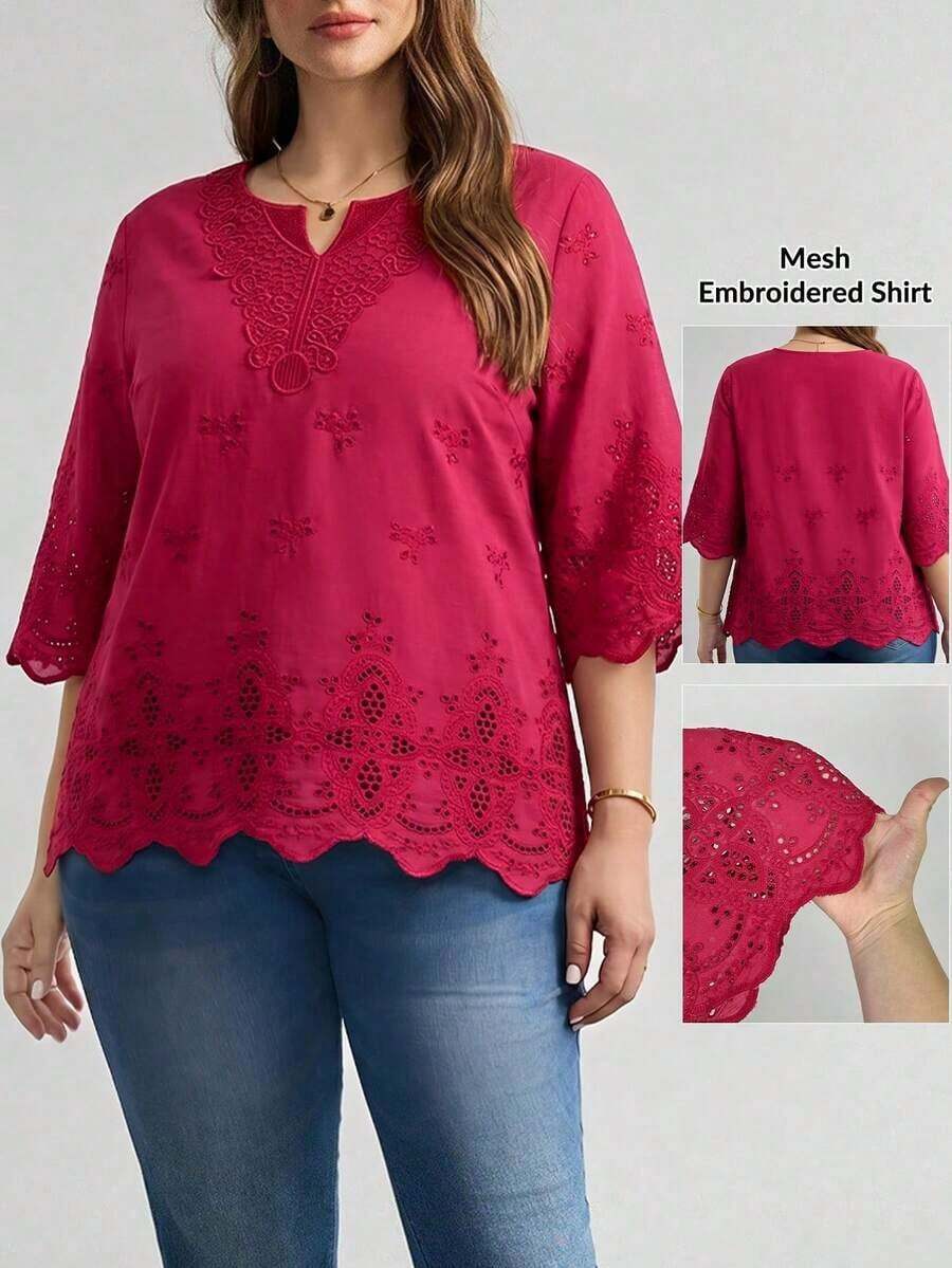 Blusa de verano de talla grande, de unicolor, hueca, bordada, casual, para vacaciones, temporada de bodas, nuevo diseño de playa para mujer - Burdeos - Ver 1